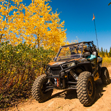A UTV on a dirt road beside green bushes and trees with yellow leaves.