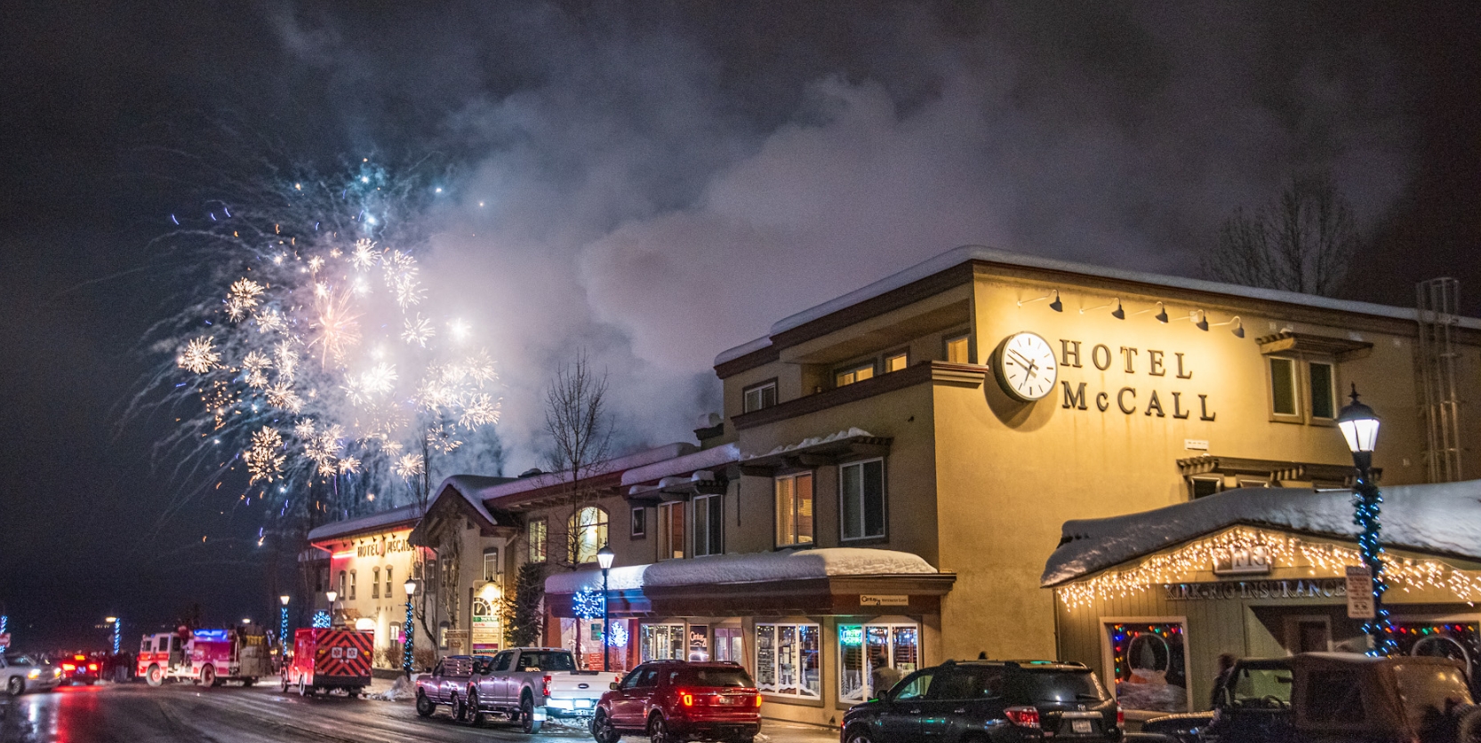 Fireworks pop in the night sky over Hotel McCall.