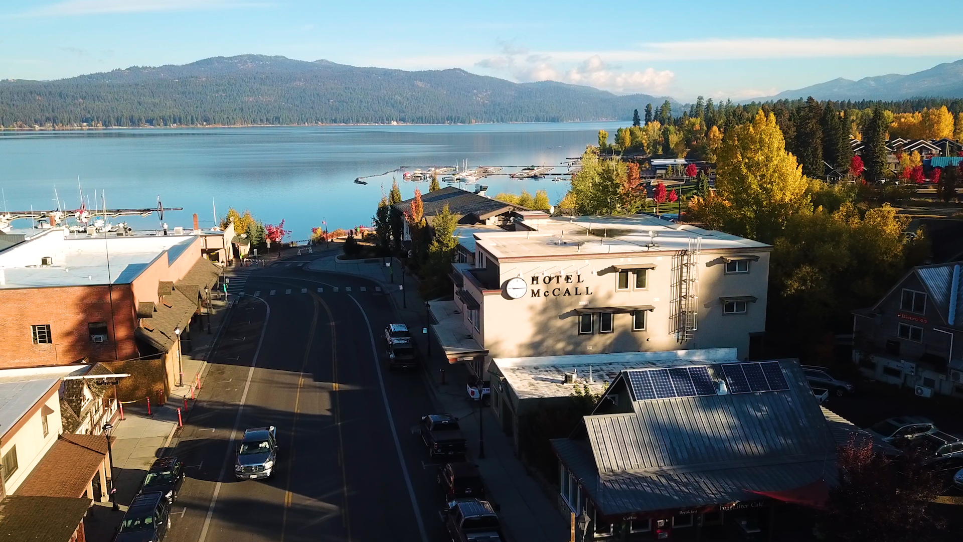 An aerial view of Hotel McCall in downtown McCall, with Payette Lake in the background.