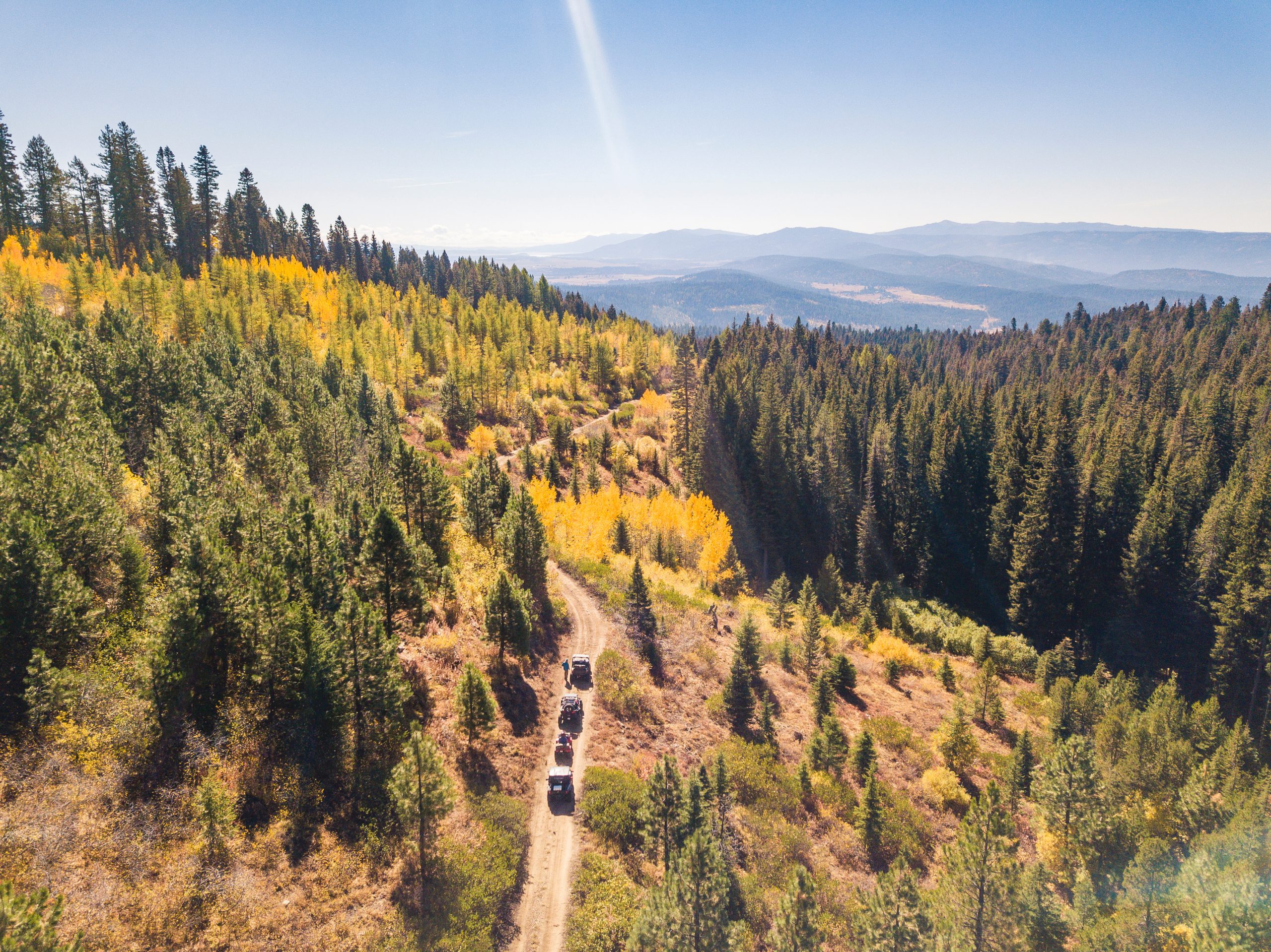 Four UTVs on a dirt trail surrounded by a sprawling forest.