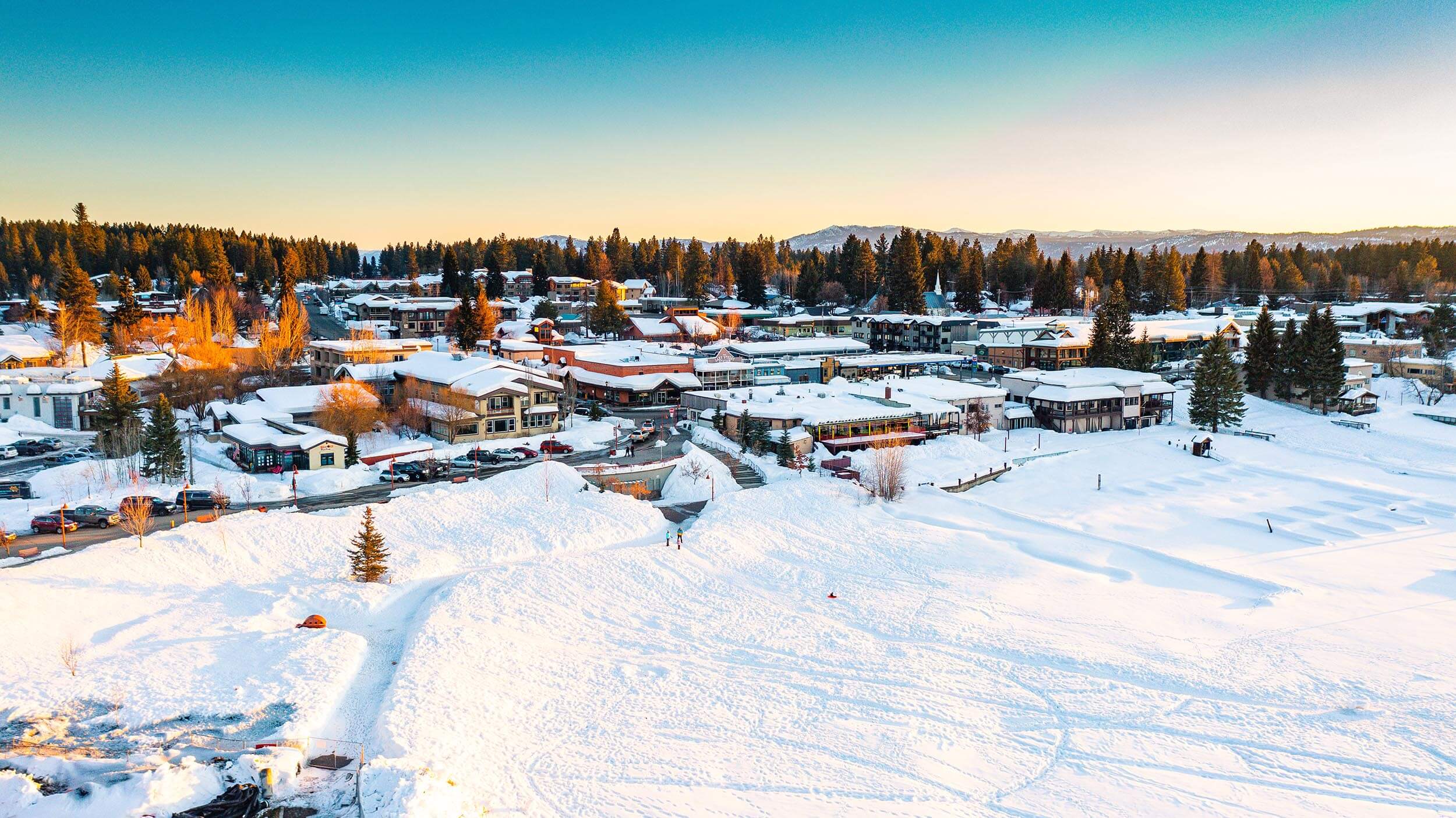 Aerial view of downtown McCall blanketed in snow.