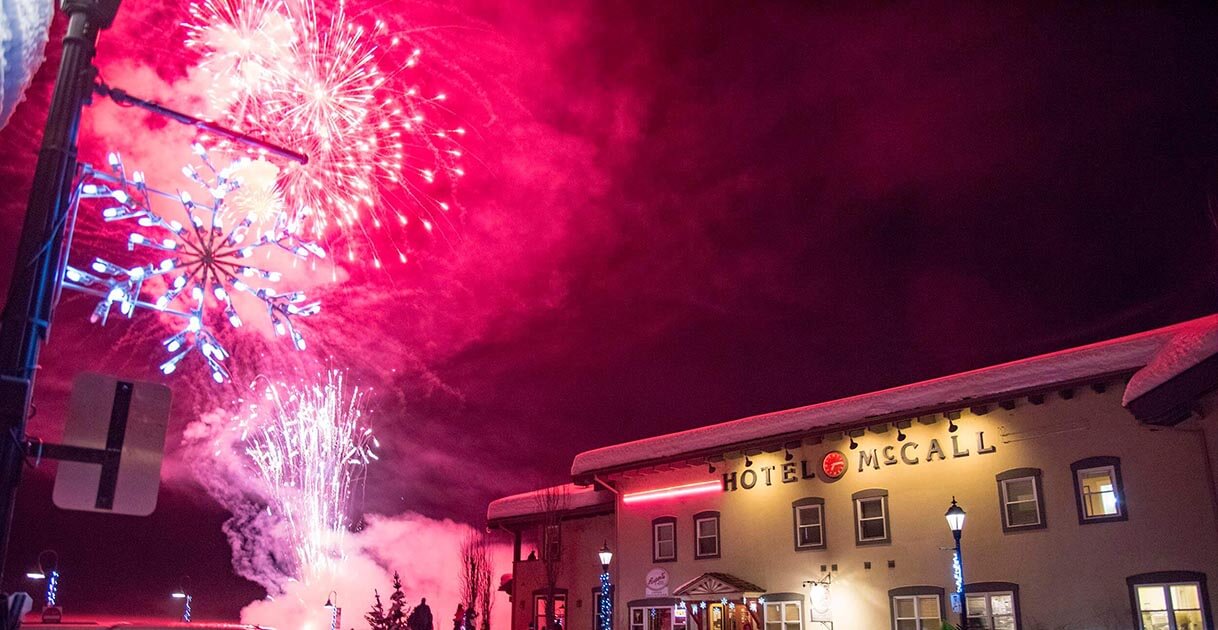 Fireworks shine over Hotel McCall at the McCall Winter Carnival.