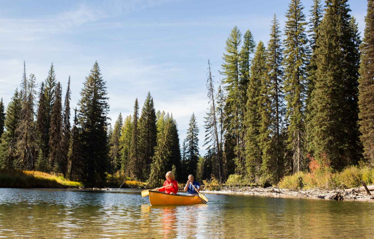 Two people rowing a canoe on a lake surrounded by a forest of tall trees.
