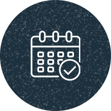 An illustrated icon of a calendar with a circled check mark in the bottom right corner.