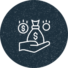 An illustrated icon showing a hand holding a small money bag surrounded by two coins.